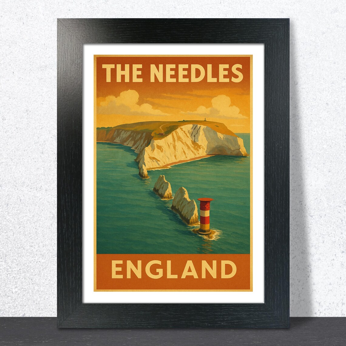 The Needles England Orange Sky Chalk Headland Vintage Travel Poster