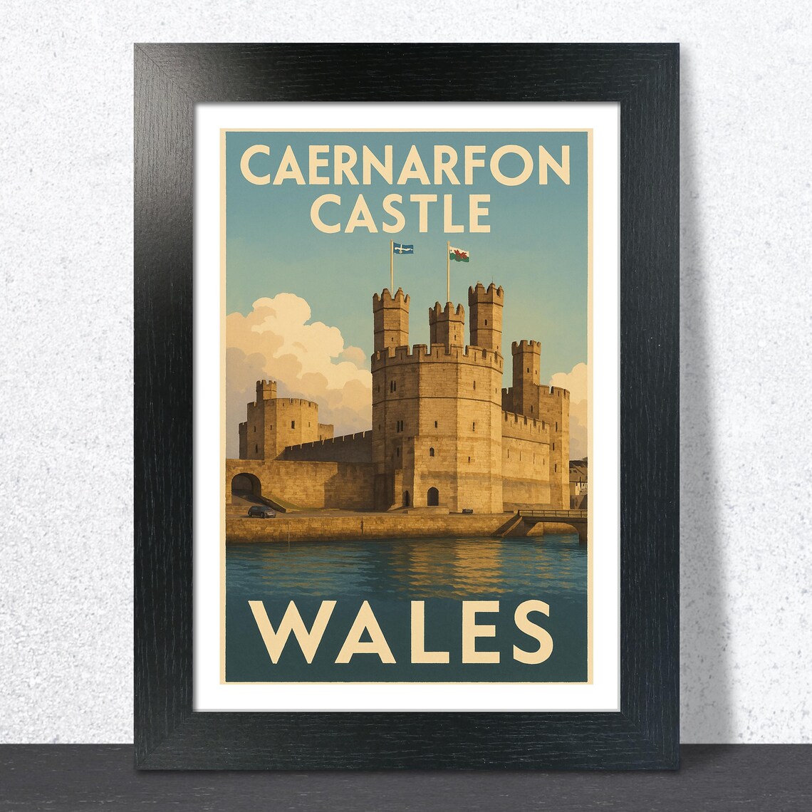 Caernarfon Castle Wales Vintage Medieval Fortress Travel Poster