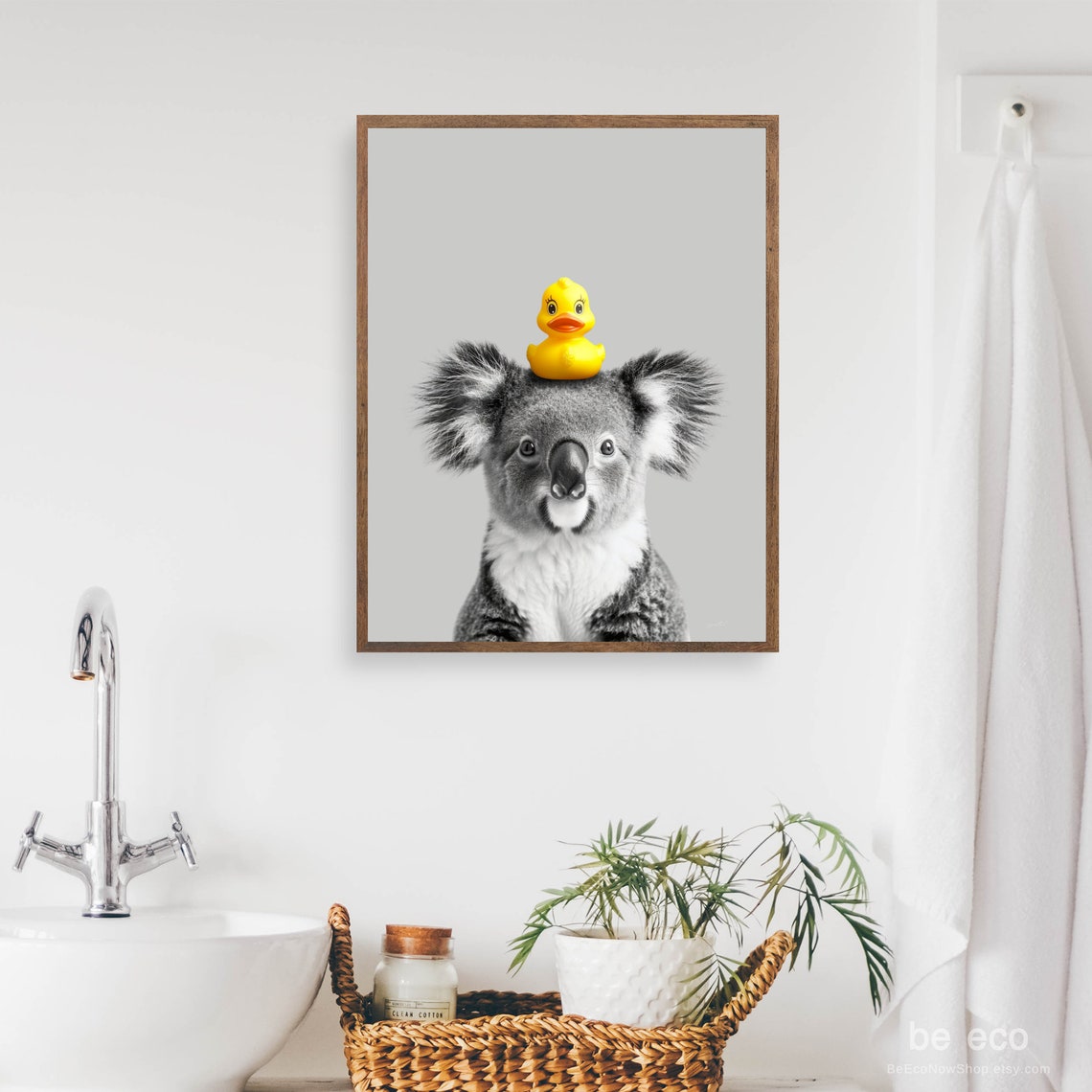 Cute Koala With Yellow Rubber Duck Funny Bathroom Decor Wall Art