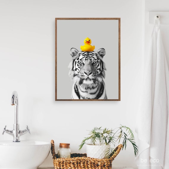 Tiger With Rubber Duck Print Funny Bathroom Wall Art