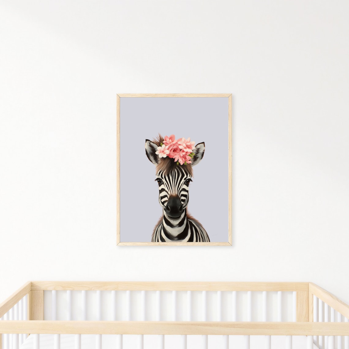Sweet Baby Zebra With Pink Flower Crown Watercolor Nursery Print