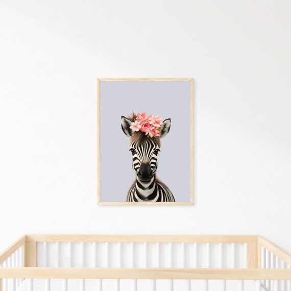 Sweet Baby Zebra With Pink Flower Crown Watercolor Nursery Print