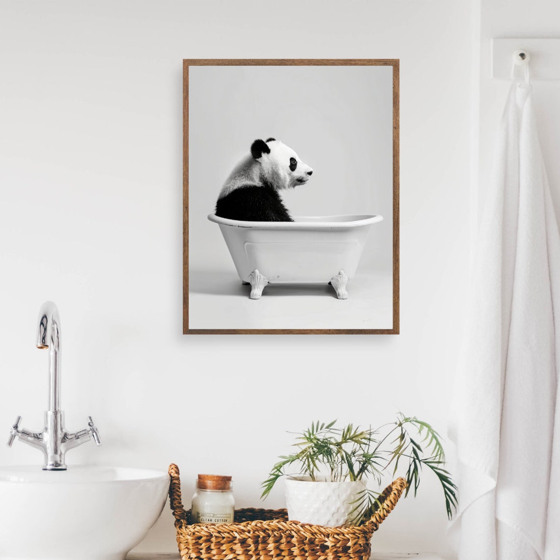 Giant Panda White Vintage Bathtub Cute Bathroom Black White Poster