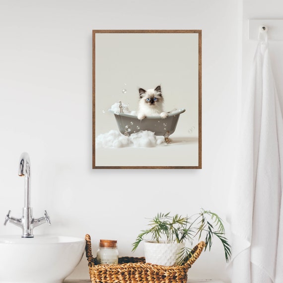 Ragdoll Cat Bathroom Art Kids Funny Animals In Bathtub Print Decor Wall