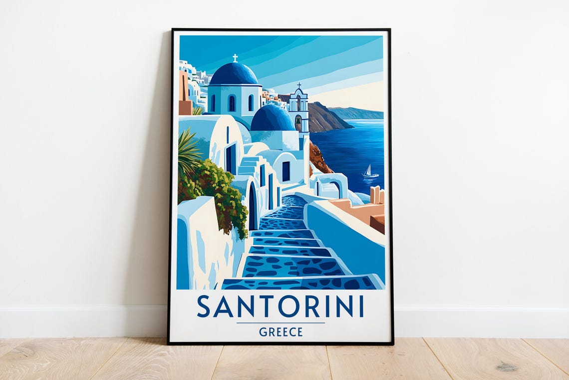 Santorini Greece Travel Poster Blue Domes Whitewashed Steps Retro