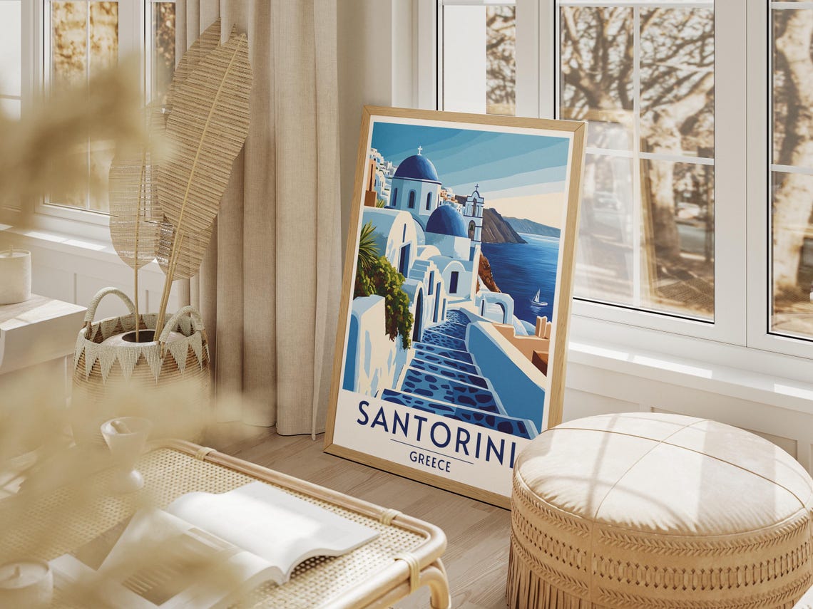 Santorini Greece Travel Poster Blue Domes Whitewashed Steps Retro - Image 4