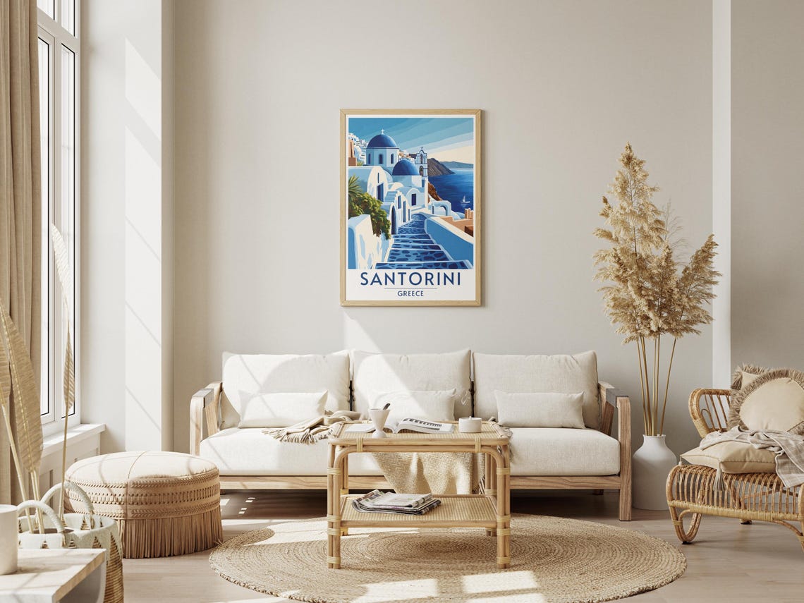 Santorini Greece Travel Poster Blue Domes Whitewashed Steps Retro - Image 2