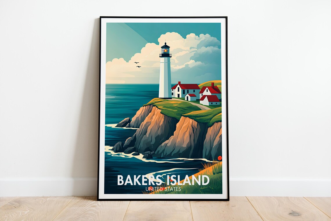 Bakers Island Lighthouse Massachusetts Coastal Travel Poster Art