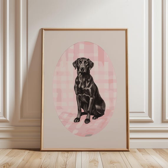 Nursery Black Labrador Retriever Art Vintage Cute Dog Print Kids Room Decor Playroom Trendy Poster Pink Drawing Girl