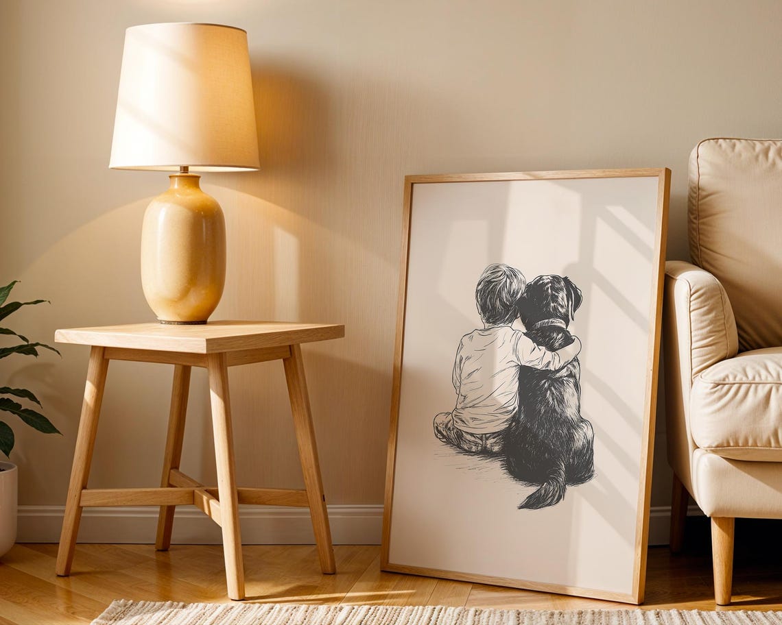 Sweet Boy Hugging Black Lab Tender Ink Sketch From Behind Poster