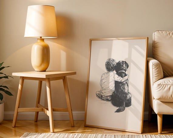 Black Lab With Boy Retro Illustration Vintage Dog Sketch Nursery Drawing Wall Art Animal Kids Room Decor Playroom Trendy