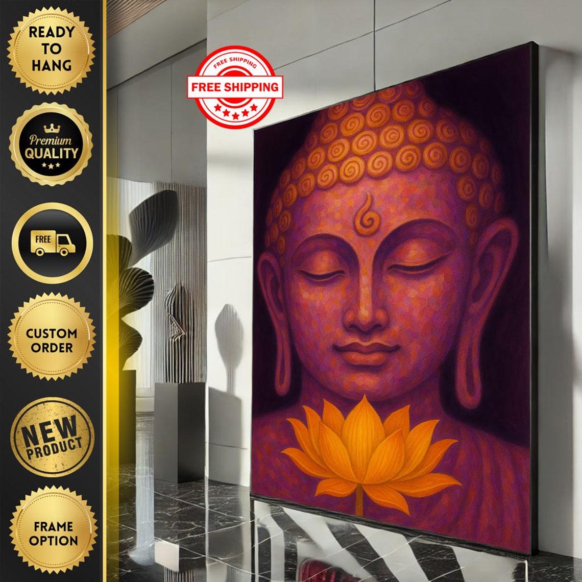 Serene Buddha Face with Golden Lotus Flower Spiritual Art Poster