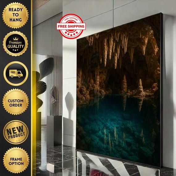 Majestic Cave Reflection Stalactite Cavern Teal Water Poster