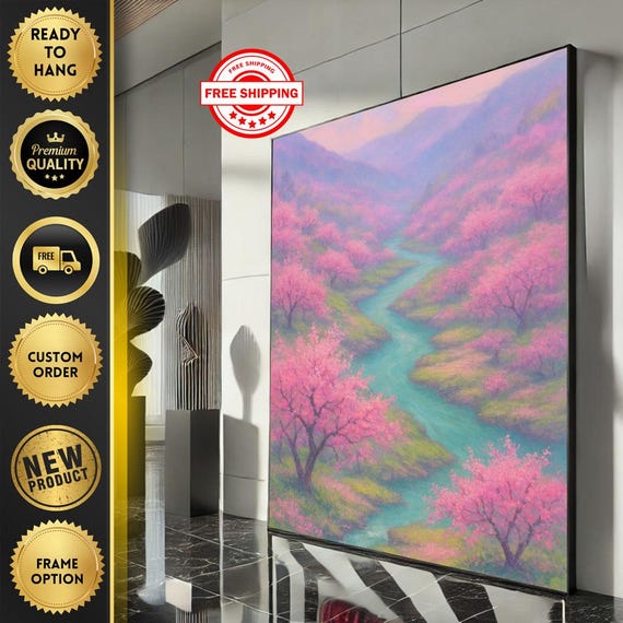Serene Cherry Blossom Landscape Canvas Wall Art Print Pastel Living Room Decor Ready To Hang