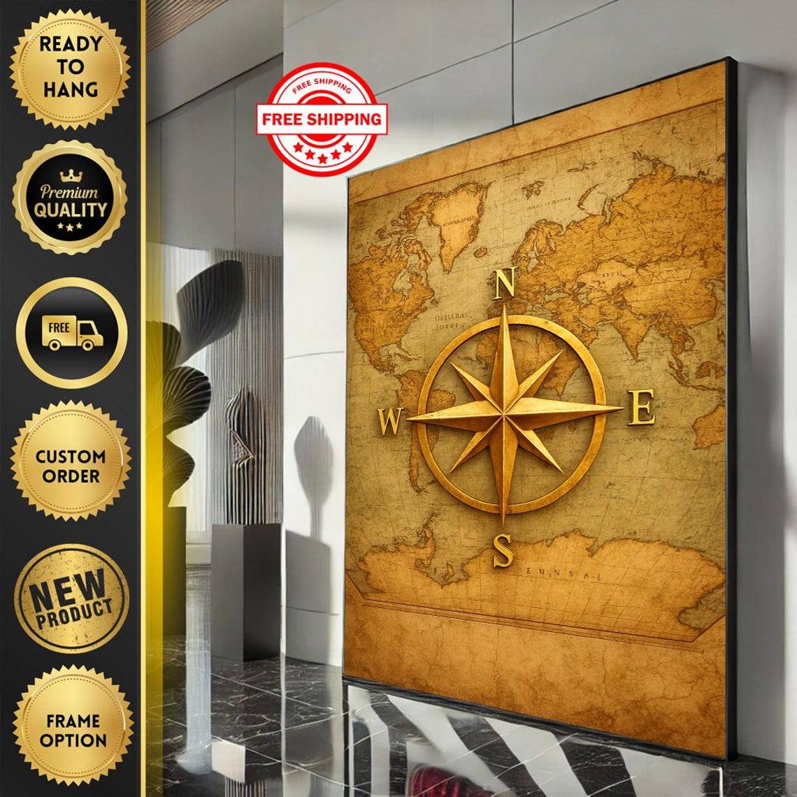 Vintage World Map With Golden Compass Rose Nautical Wall Art