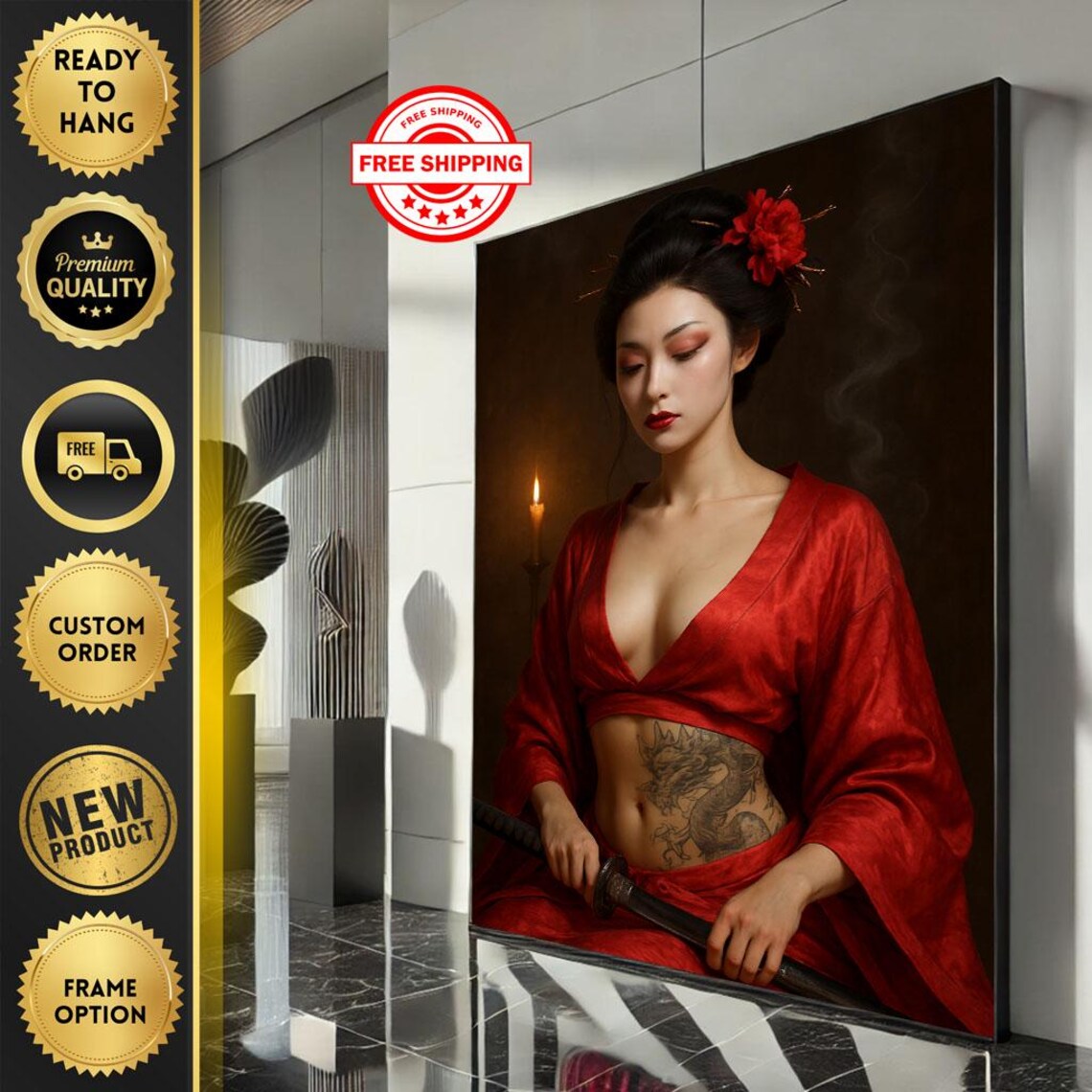 Red Kimono Geisha Warrior Katana Dragon Tattoo Portrait Art Poster