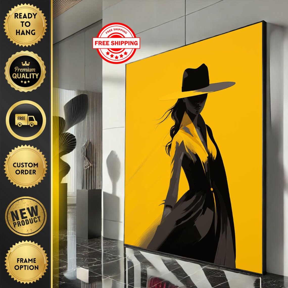 Elegant Woman In Hat On Bold Yellow Background Minimalist Poster