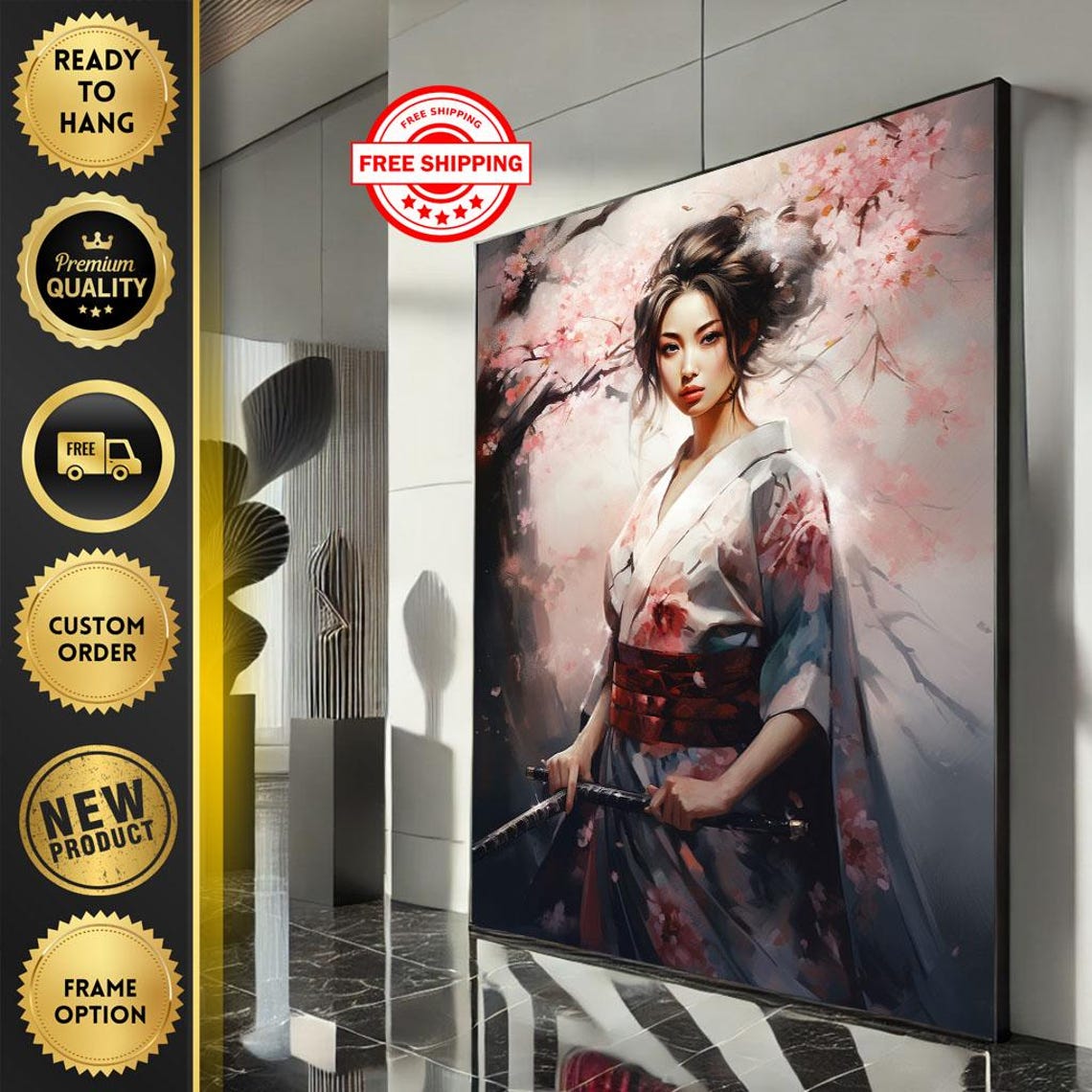 Kimono Warrior Woman With Katana Pink Cherry Blossom Art Poster