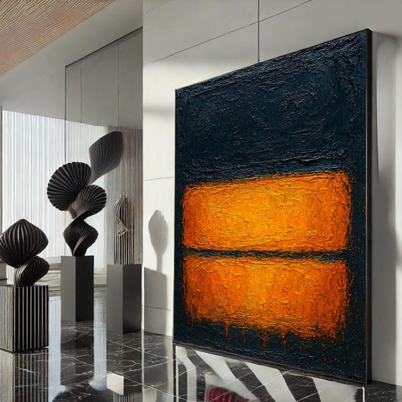 Mark Rothko Inspired Orange And Black Canvas Bold Color Field Painting For Modern Living Room Decor Statement Piece