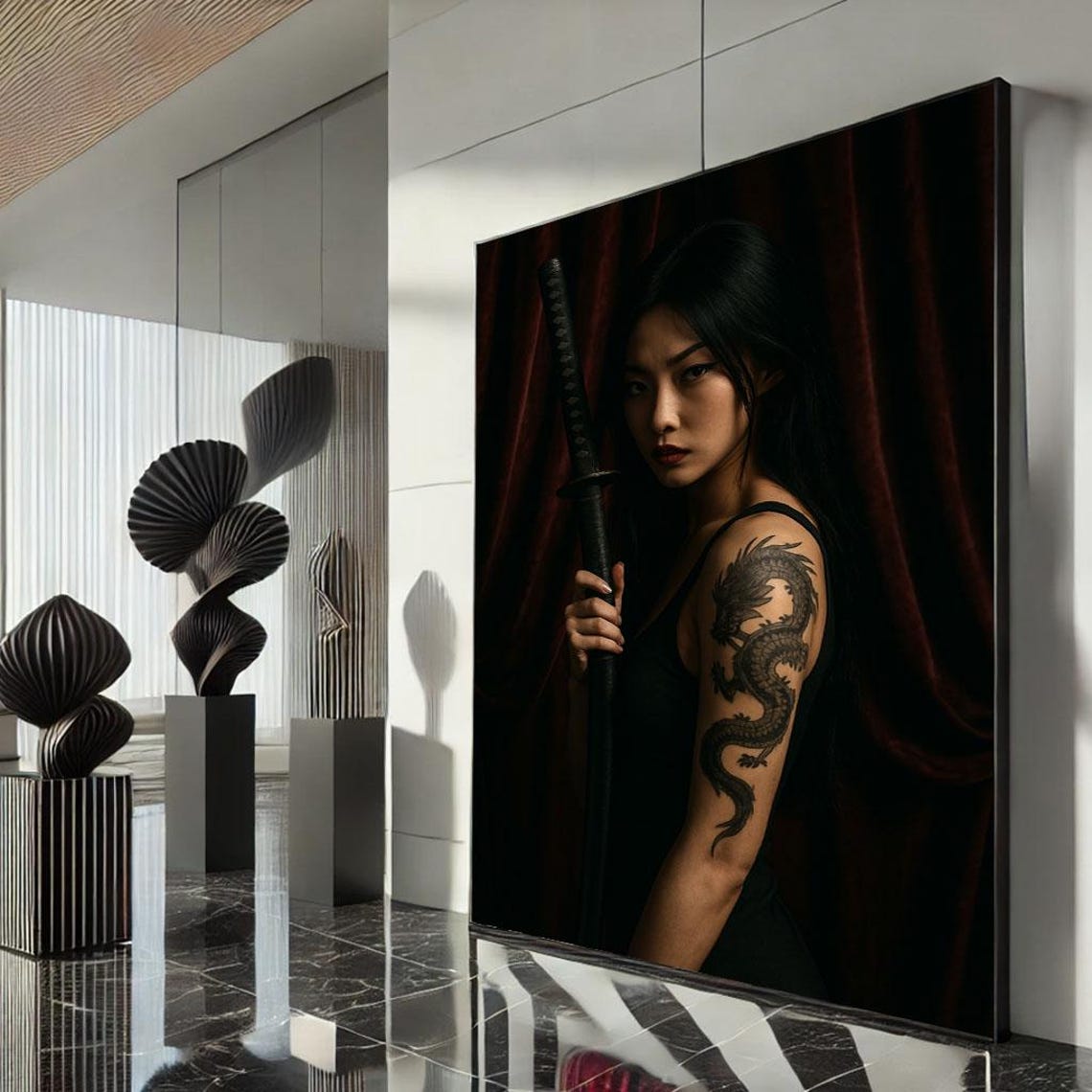 Dark Warrior Woman Sword Dragon Arm Tattoo Red Curtain Poster