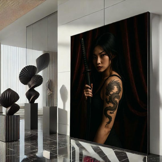 Bold Warrior Woman Canvas Wall Art Print Dark Modern Living Room Decor Statement Piece