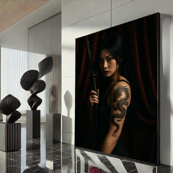 Dark Warrior Woman Sword Dragon Arm Tattoo Red Curtain Poster