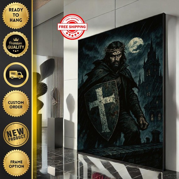 Dark Knight Cross Shield Gothic Castle Rainy Night Art Poster