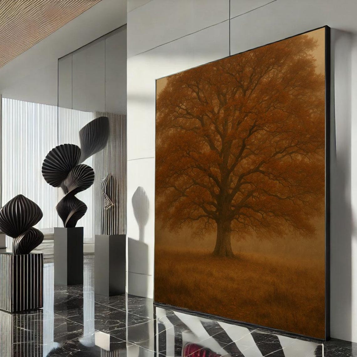 Majestic Oak Tree Autumn Golden Brown Lone Tree Meadow Art Poster
