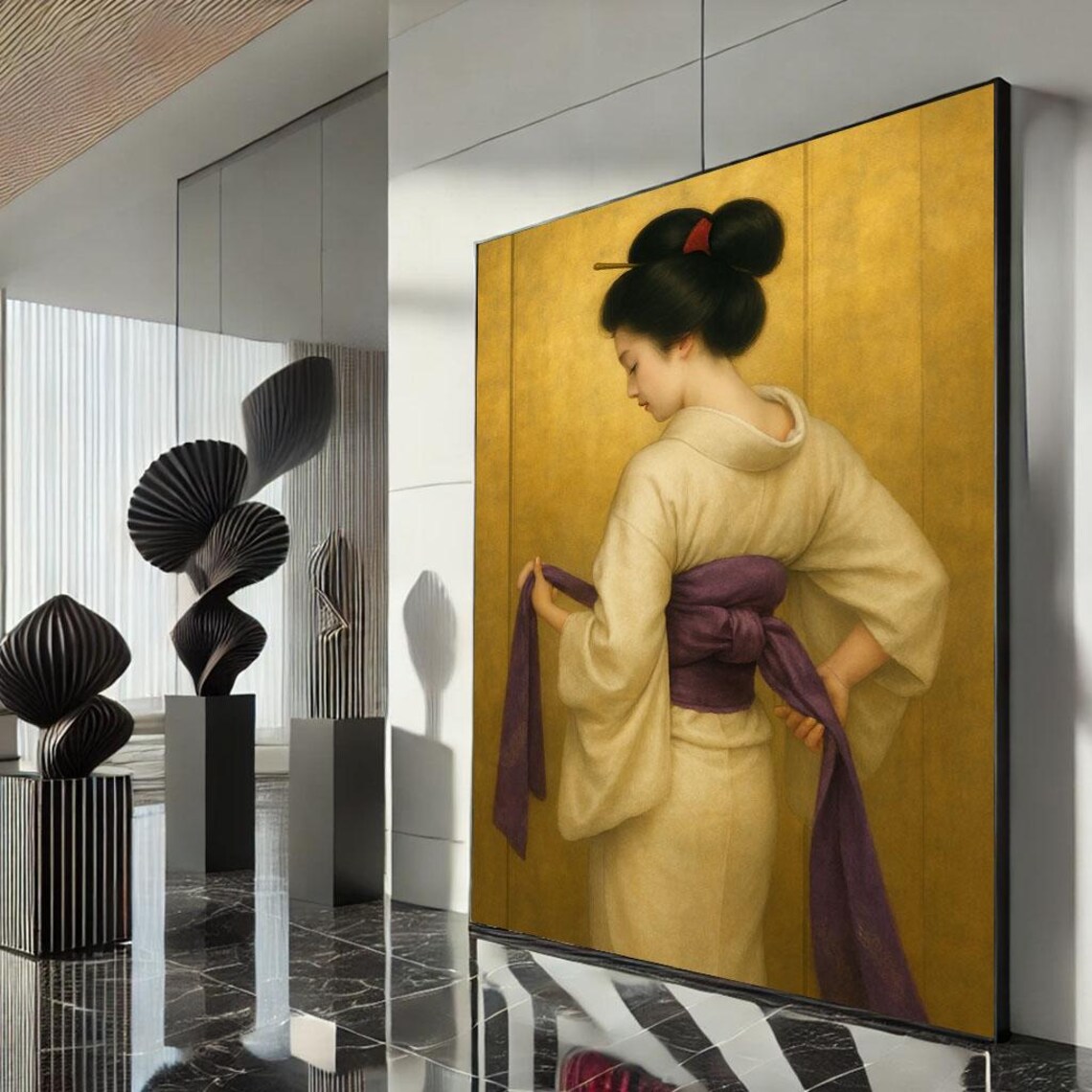 Cream Geisha Tying Purple Obi Gold Background Elegant Poster
