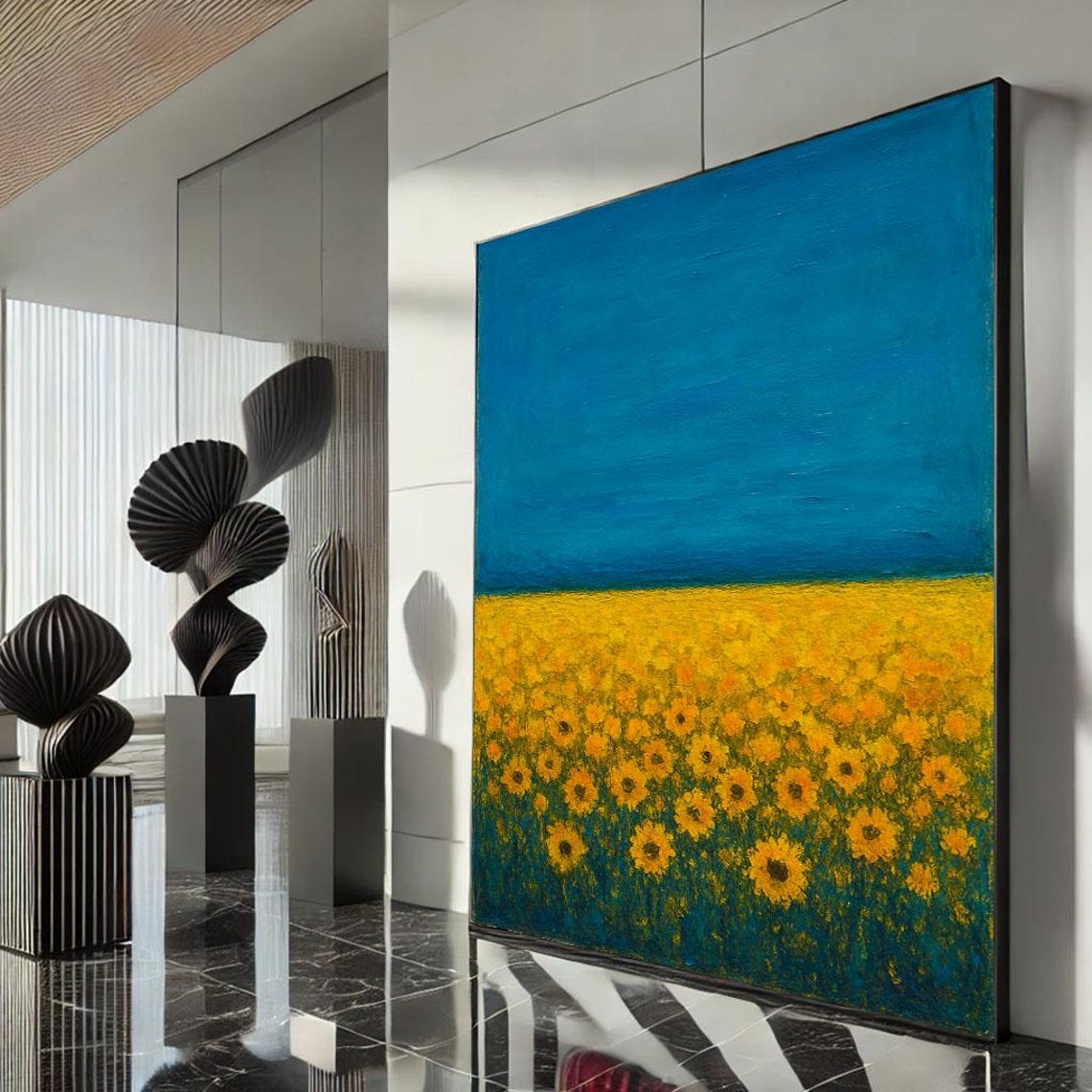 Sunflower Field Under Blue Sky Impressionist Summer Meadow Poster
