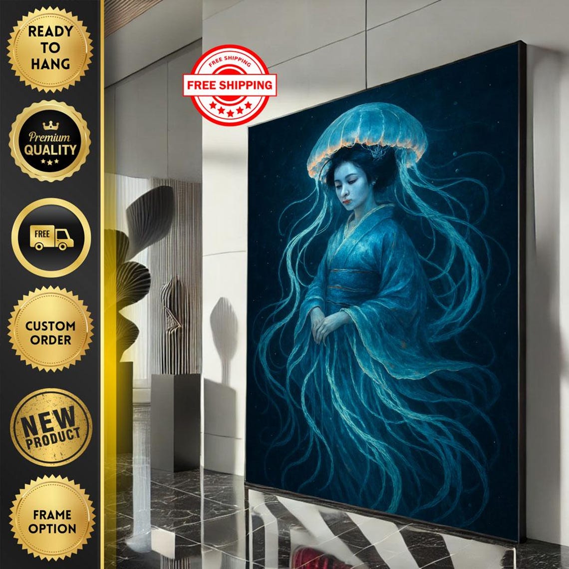 Dreamy Japanese Woman Jellyfish Ethereal Blue Ocean Fantasy Wall Art