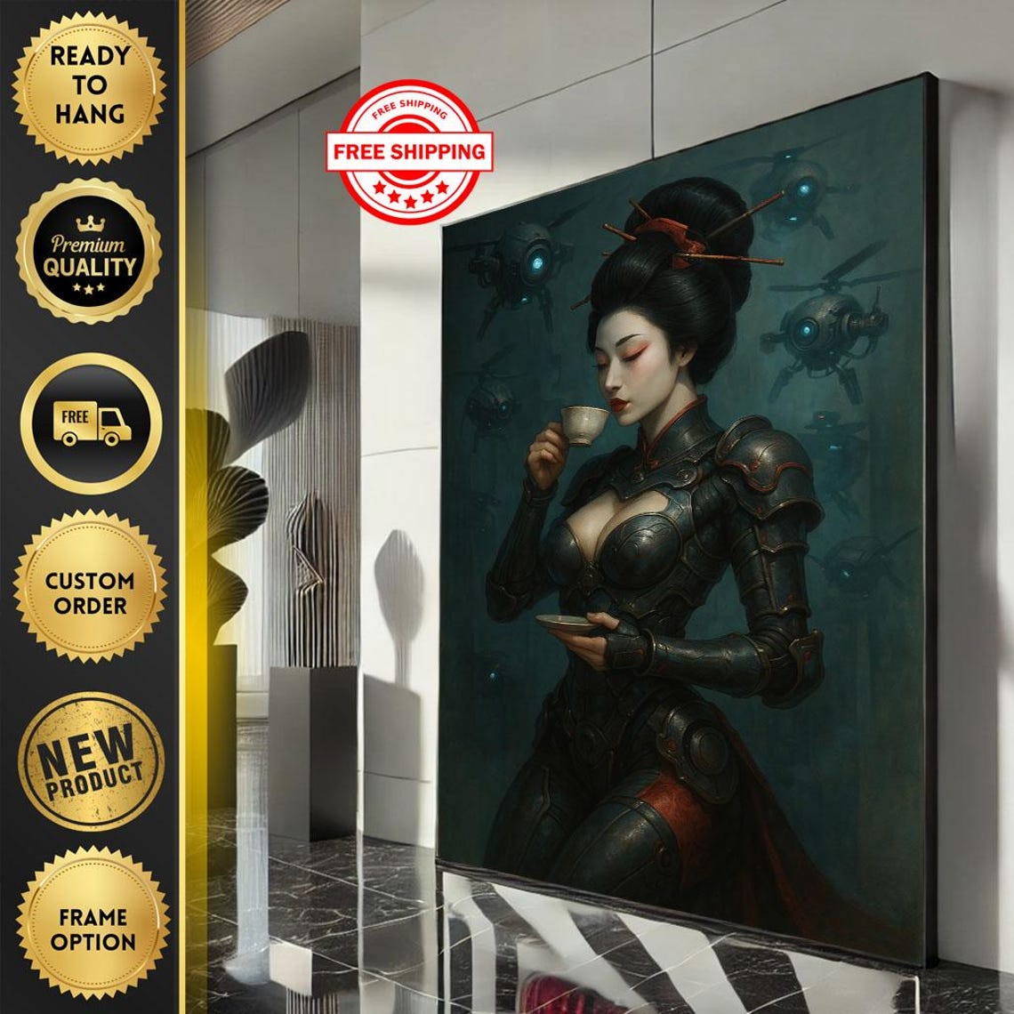 Futuristic Geisha Warrior Drinking Tea Among Hovering Drones Print
