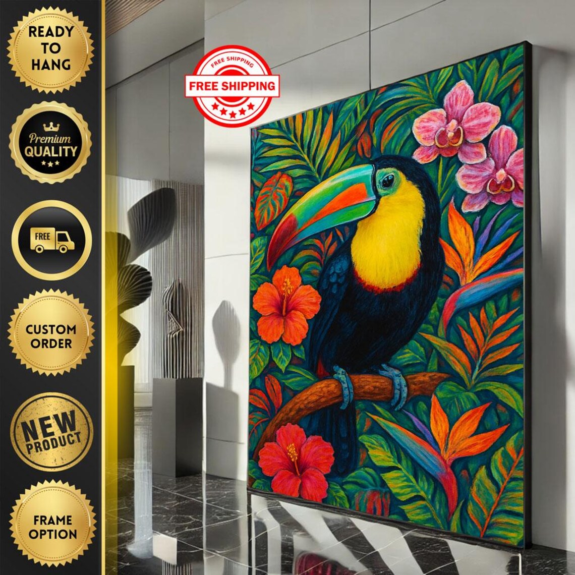 Keel Billed Toucan Tropical Jungle Hibiscus Colorful Bird Art Poster