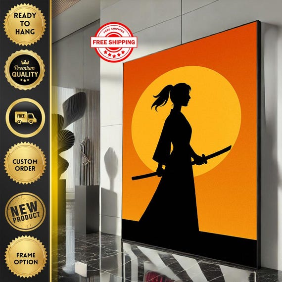 Calm Samurai Silhouette Canvas Wall Art Print Bold Orange Living Room Decor Ready To Hang
