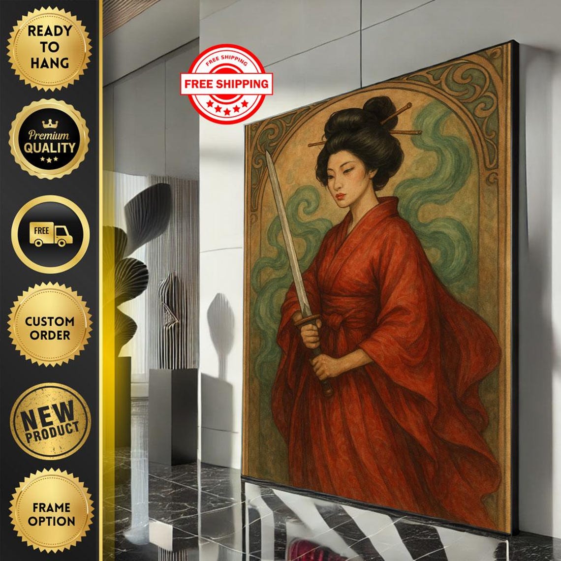 Art Nouveau Samurai Woman Red Kimono Katana Vintage Style Poster