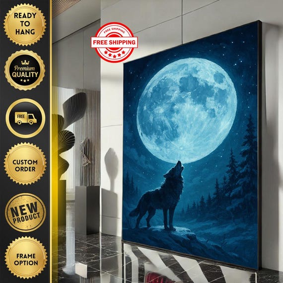 Mystical Wolf Under Blue Moon Canvas Wall Art Print Dark Living Room Decor Ready To Hang