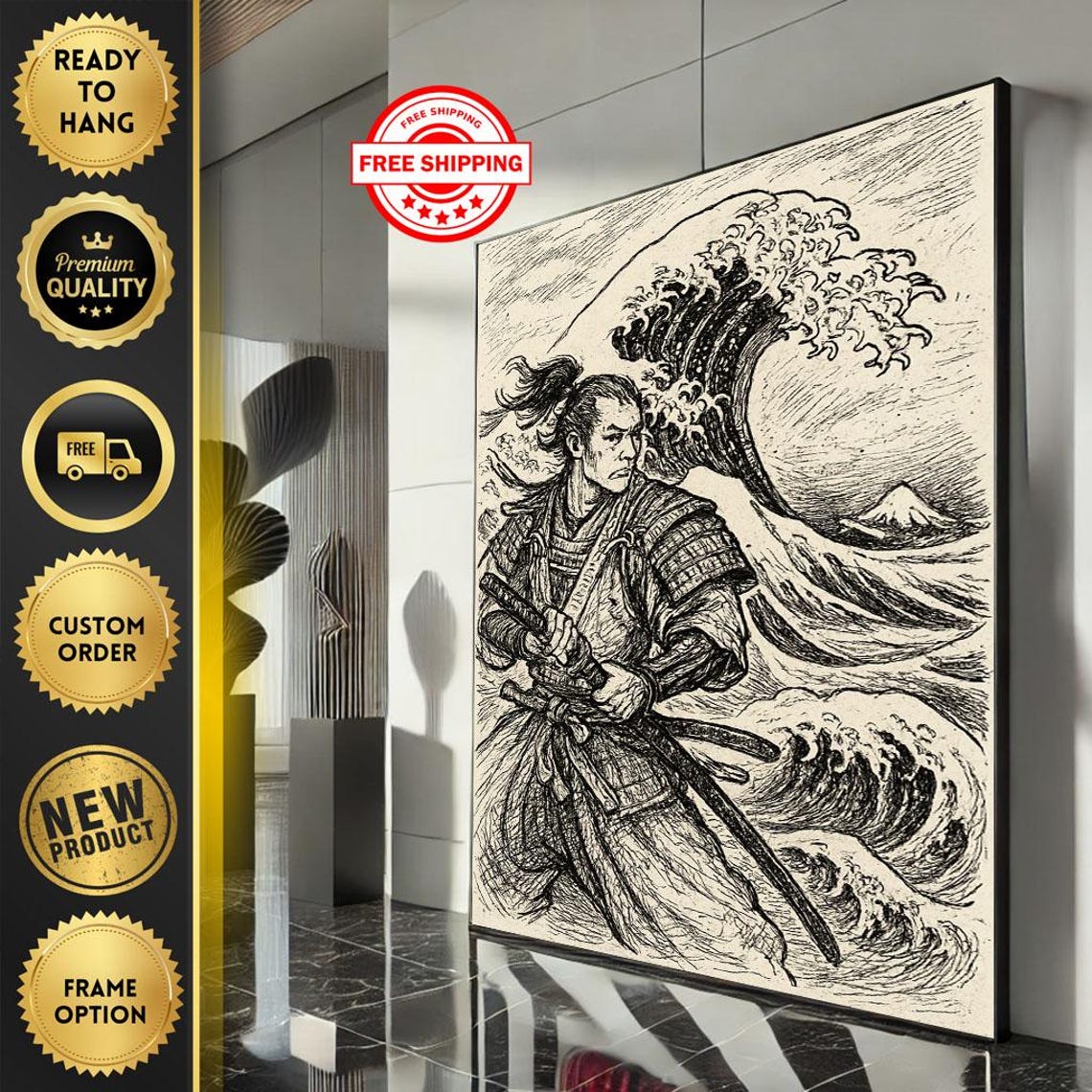 Samurai Warrior Before the Great Wave Hokusai Style Art Print