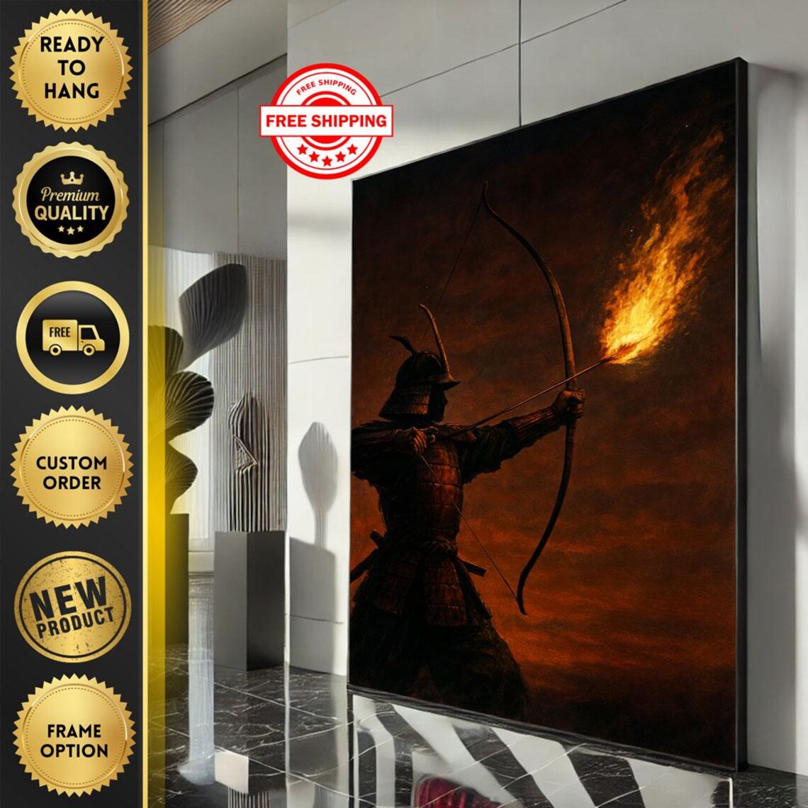 Samurai Archer Flaming Arrow Dark Japanese Warrior Art Poster