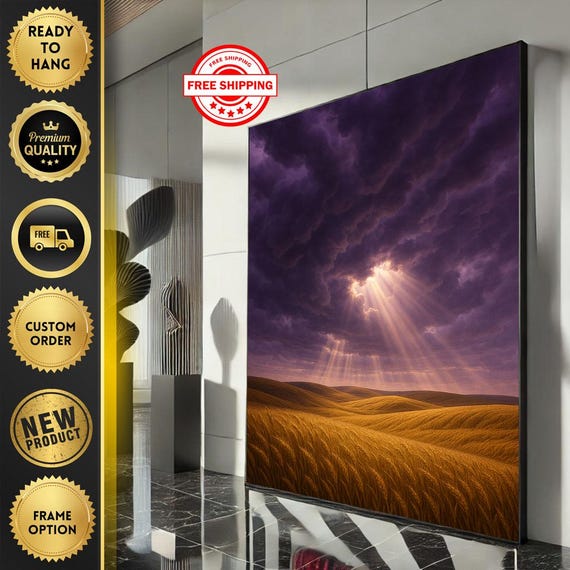 Golden Wheat Field At Sunset Canvas Wall Art Print Dramatic Living Room Decor Ready To Hang