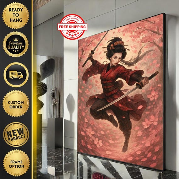 Fierce Samurai Woman Canvas Wall Art Print Dynamic Red Tones Living Room Decor Ready To Hang Statement Piece