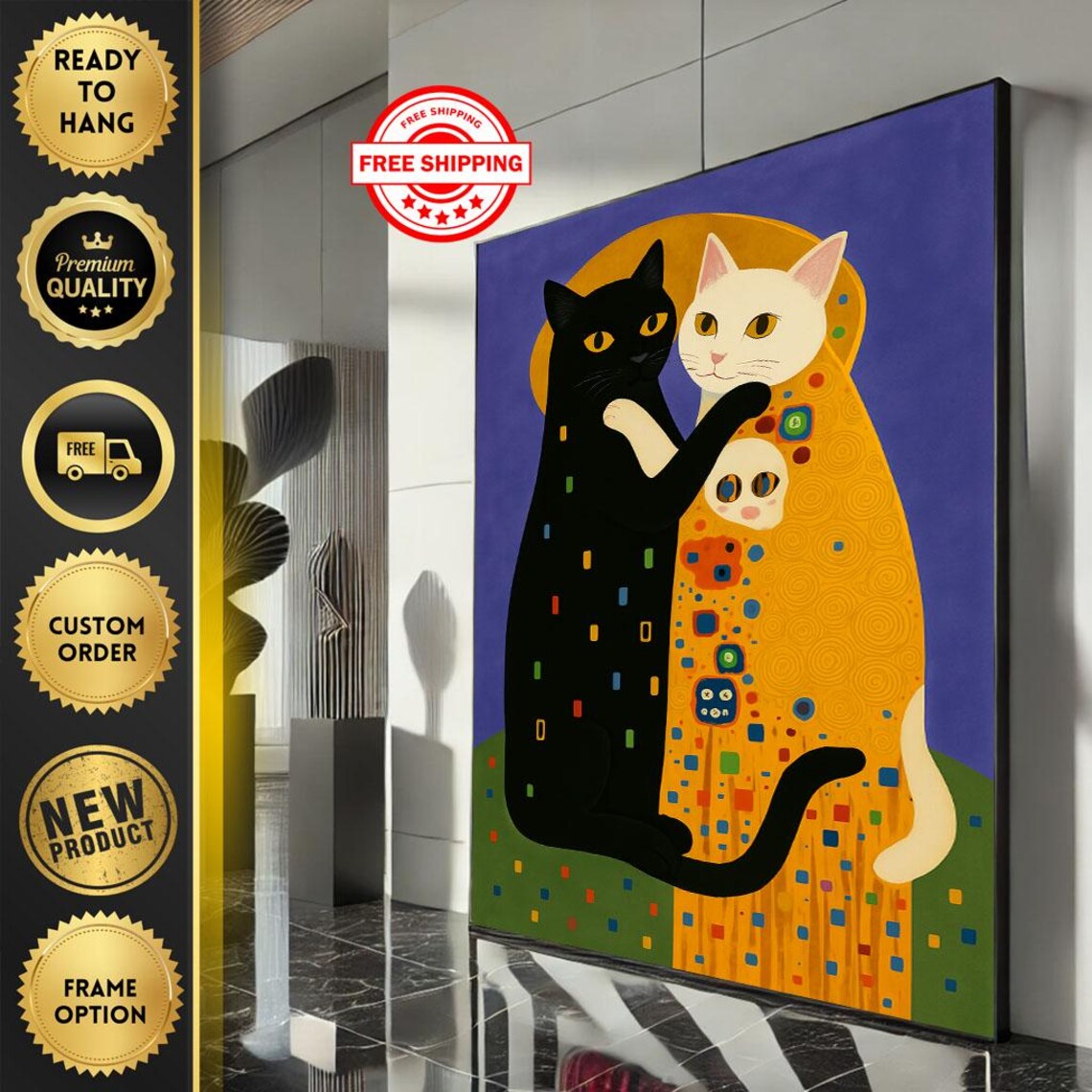 Klimt The Kiss Inspired Cat Duo Hugging Whimsical Art Poster