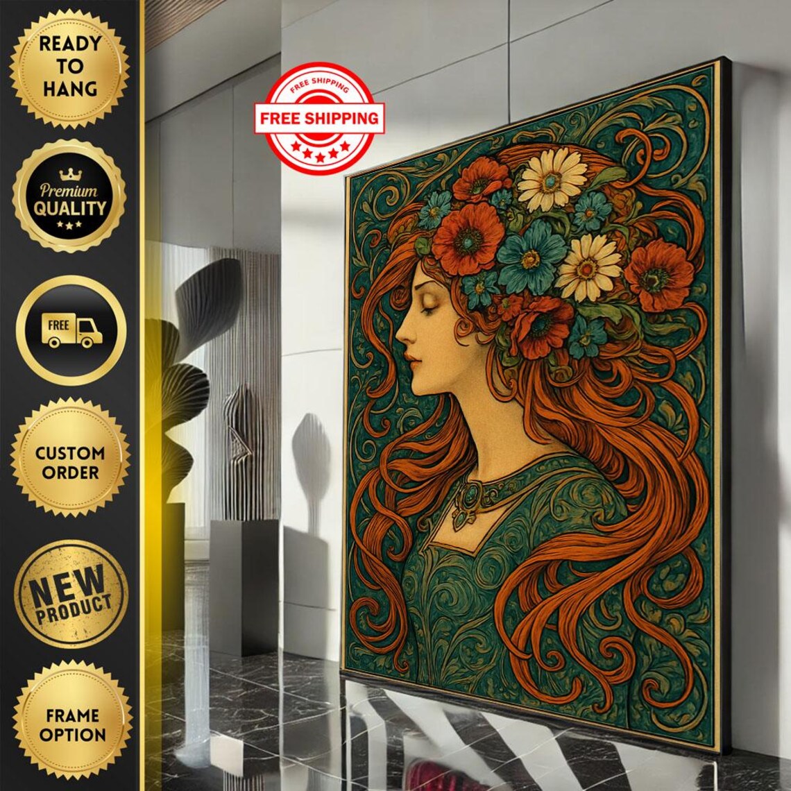 Elegant Art Nouveau Woman Red Hair Floral Crown Vintage Wall Art