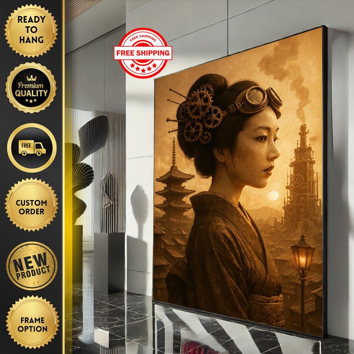 Fierce Oriental Woman Canvas Wall Art Print Steampunk Style Living Room Decor Ready To Hang Statement Piece