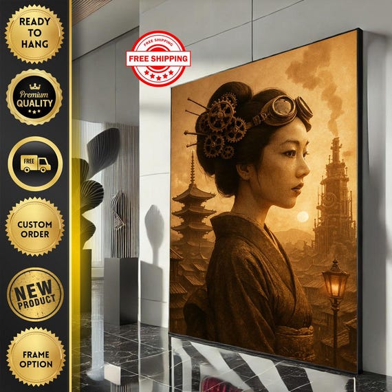 Fierce Oriental Woman Canvas Wall Art Print Steampunk Style Living Room Decor Ready To Hang Statement Piece