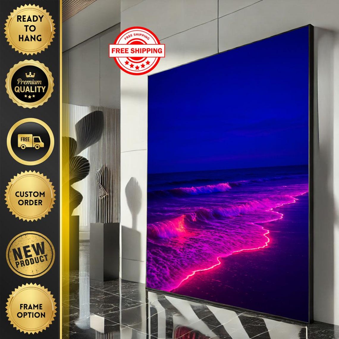 Neon Pink Ocean Wave Night Surf Surreal Modern Abstract Poster