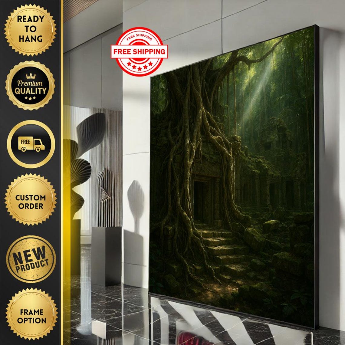 Mysterious Forest Path Canvas Wall Art Print Dark Green Living Room Decor Statement Piece