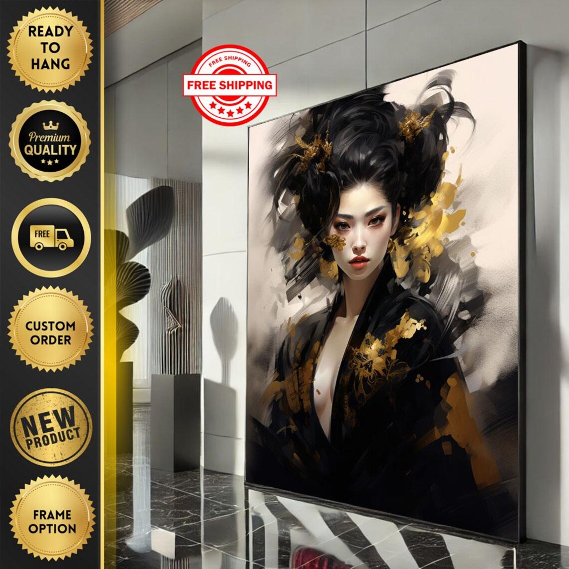 Modern Geisha Portrait in Black and Gold Kimono Dramatic Art Poster