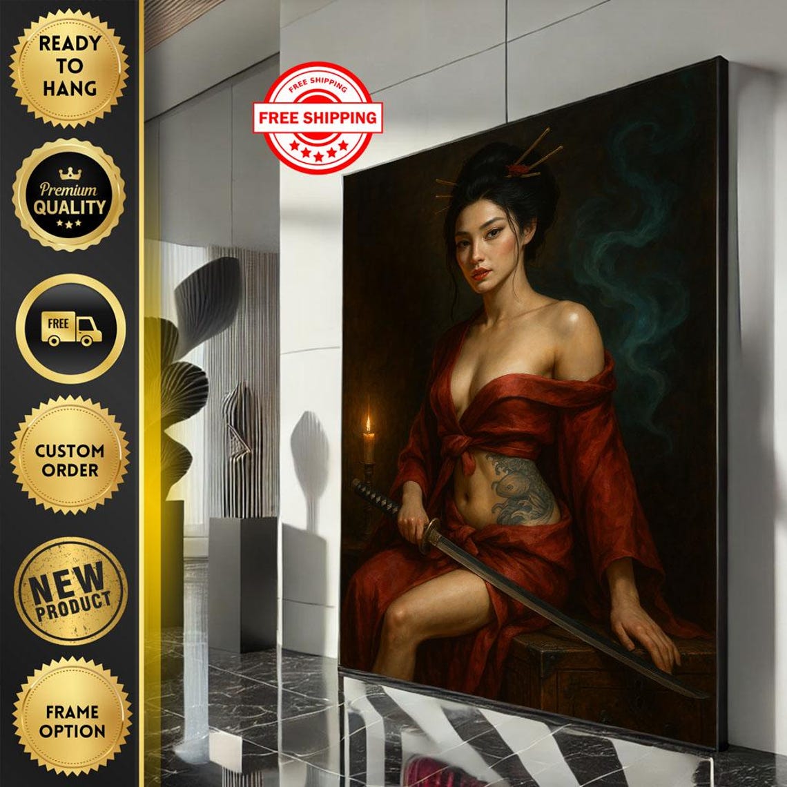 Sensual Samurai Woman Canvas Wall Art Print Dark Tones Living Room Decor Ready To Hang