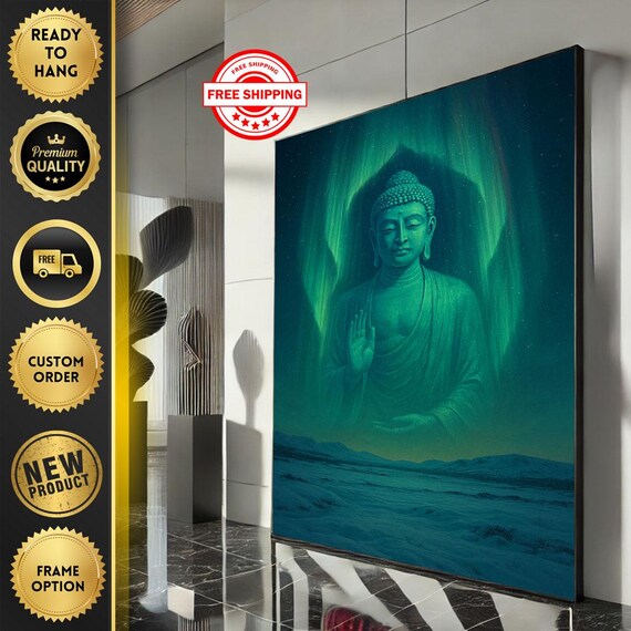 Emerald Buddha Meditation Statue Under Northern Lights Zen Art Print