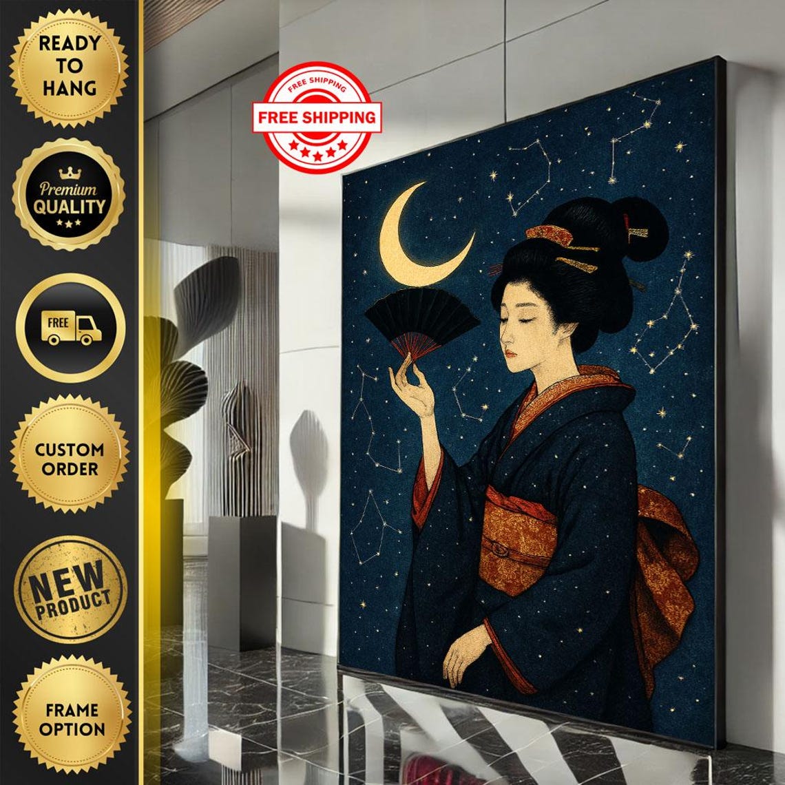 Geisha With Fan Crescent Moon Starry Constellation Night Poster